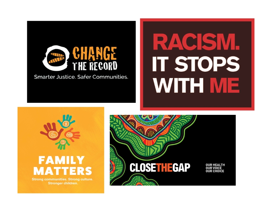 Composite of four campaign logos - Change The Record, Racism: It Stops With Me, Family Matters and Close The Gap