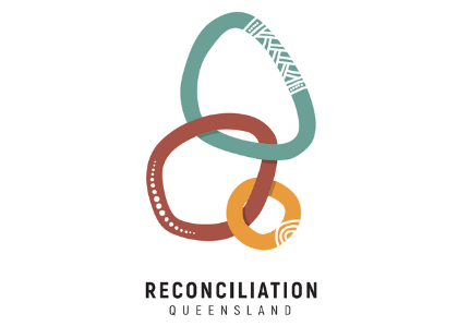 Reconciliation Queensland logo - three designs like rings interlinked, vaguely resembling the outline Queensland in their placement.