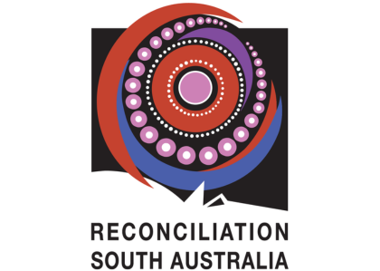 Reconciliation South Australia logo - a stylistic series of circles on a black outline of the state of South Australia.