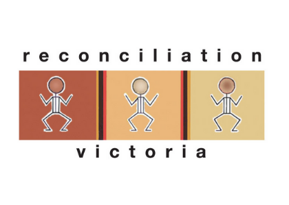 Reconciliation Victoria logo - three humanlike figures in three ochre-coloured fields.