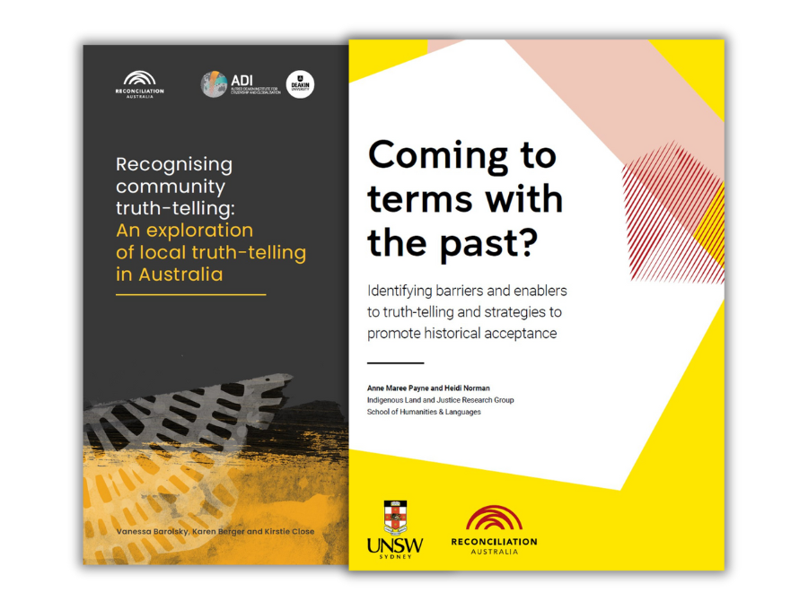 A composite of the front pages of two documents, titled 'Recognising community truth-telling' and 'Coming to terms with the past?'